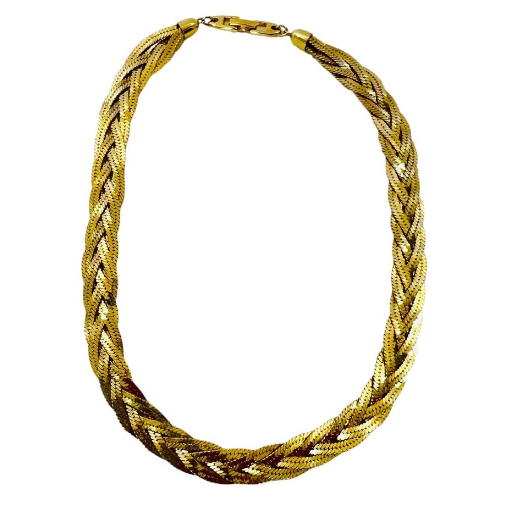 VTG 1980s Napier Flat 3X Braided 23K Gold Plated Collar Length Necklace 16"